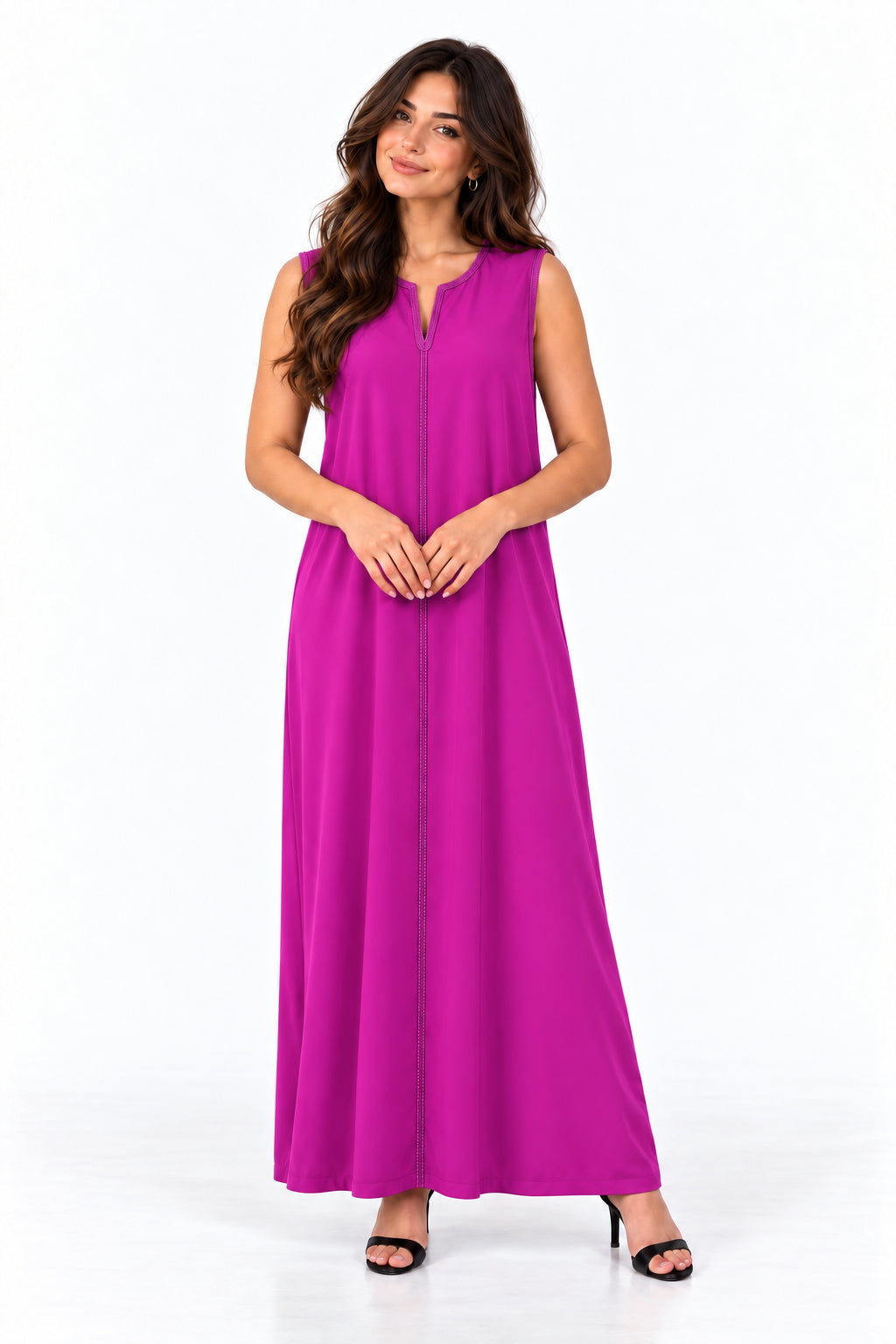 Fuchsia Tone-on-Tone Sleeveless Kmiss — AI-styled front view on the brand model, white studio.