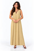 Gold & Burgundy Trim Sleeveless Kmiss — AI-styled front view on the brand model, white studio.