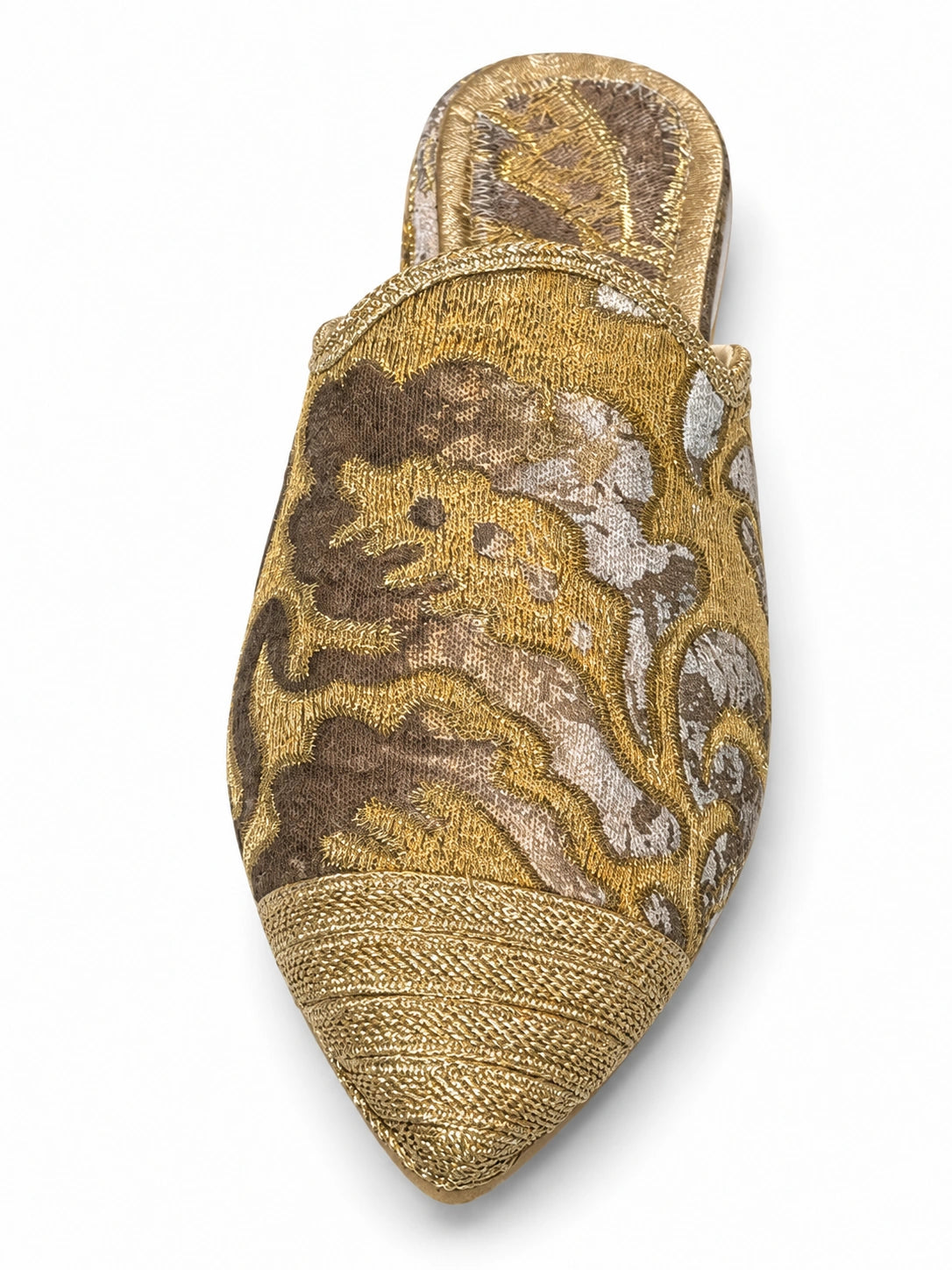 Gold and grey floral babouche with a gold braided toe cap and matching trim on a white background.