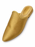 Plain gold-tone babouche with fine surface texture, braided edging and a pointed toe, shown on white.