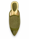 Olive green textured babouche with tonal pointed toe, matching braided band and gold-tone footbed, shown on white.
