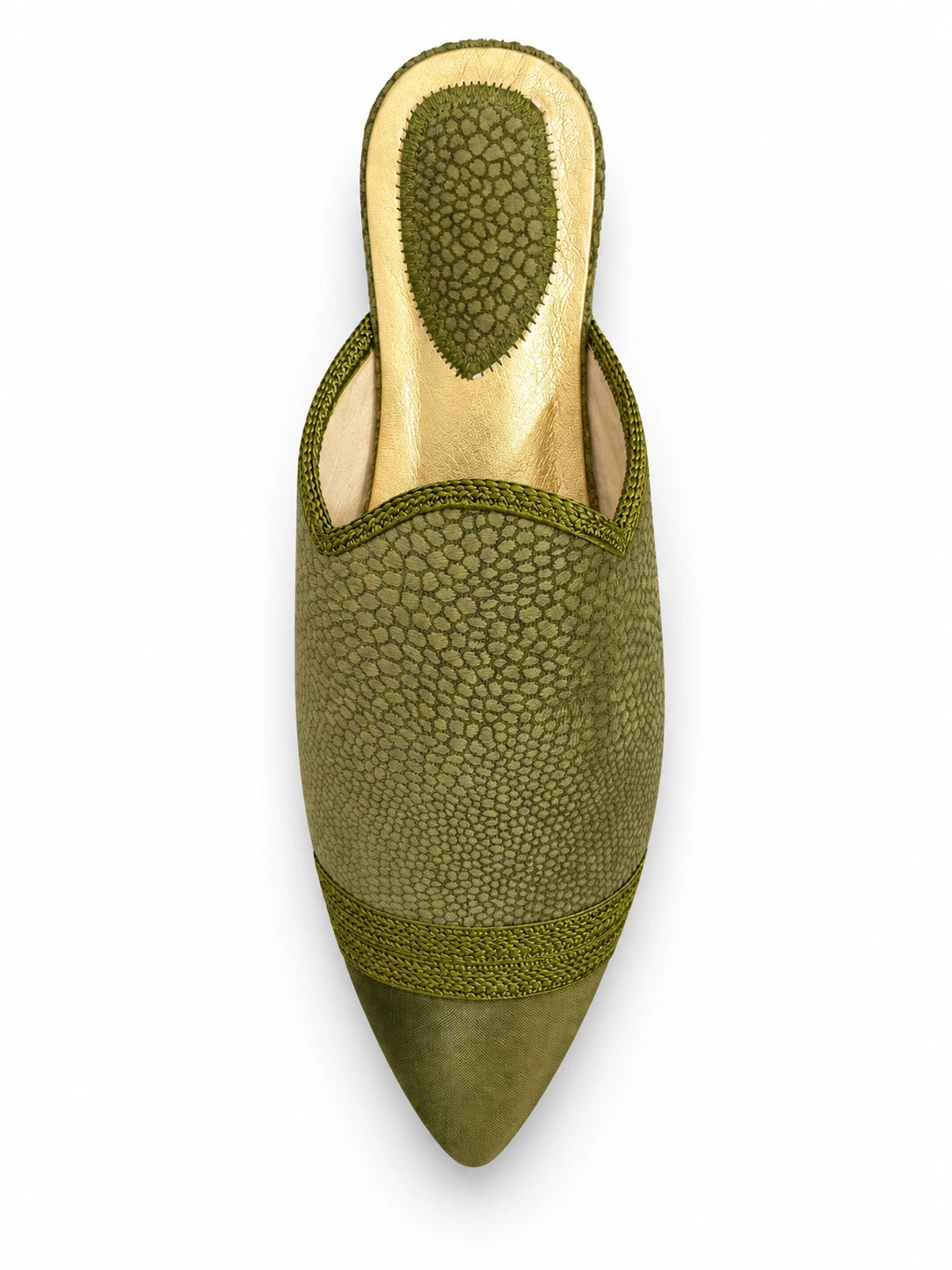 Olive green textured babouche with tonal pointed toe, matching braided band and gold-tone footbed, shown on white.