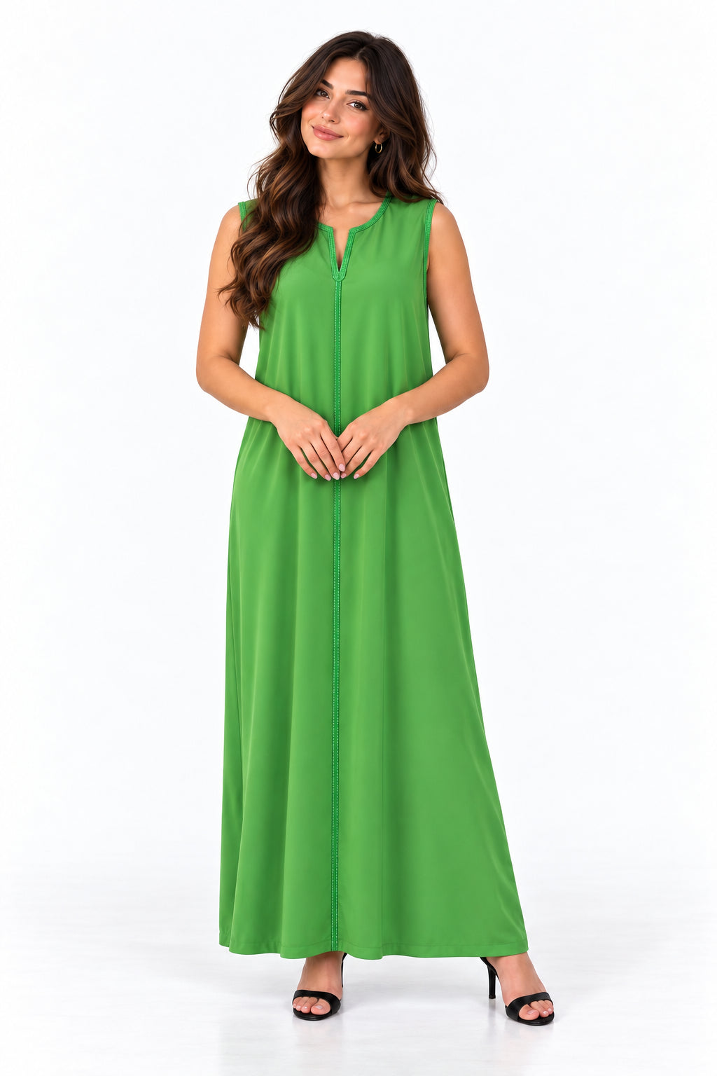 Green Tone-on-Tone Sleeveless Kmiss — AI-styled front view on the brand model, white studio.