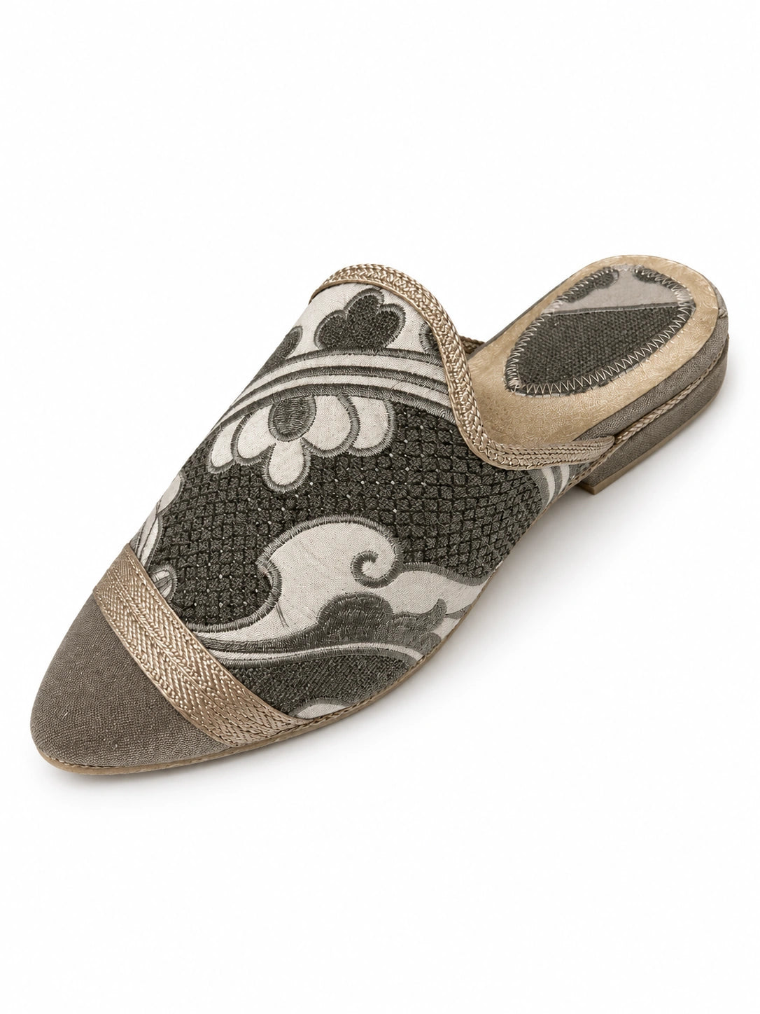 Grey Floral Babouches with Taupe Toe on a white background