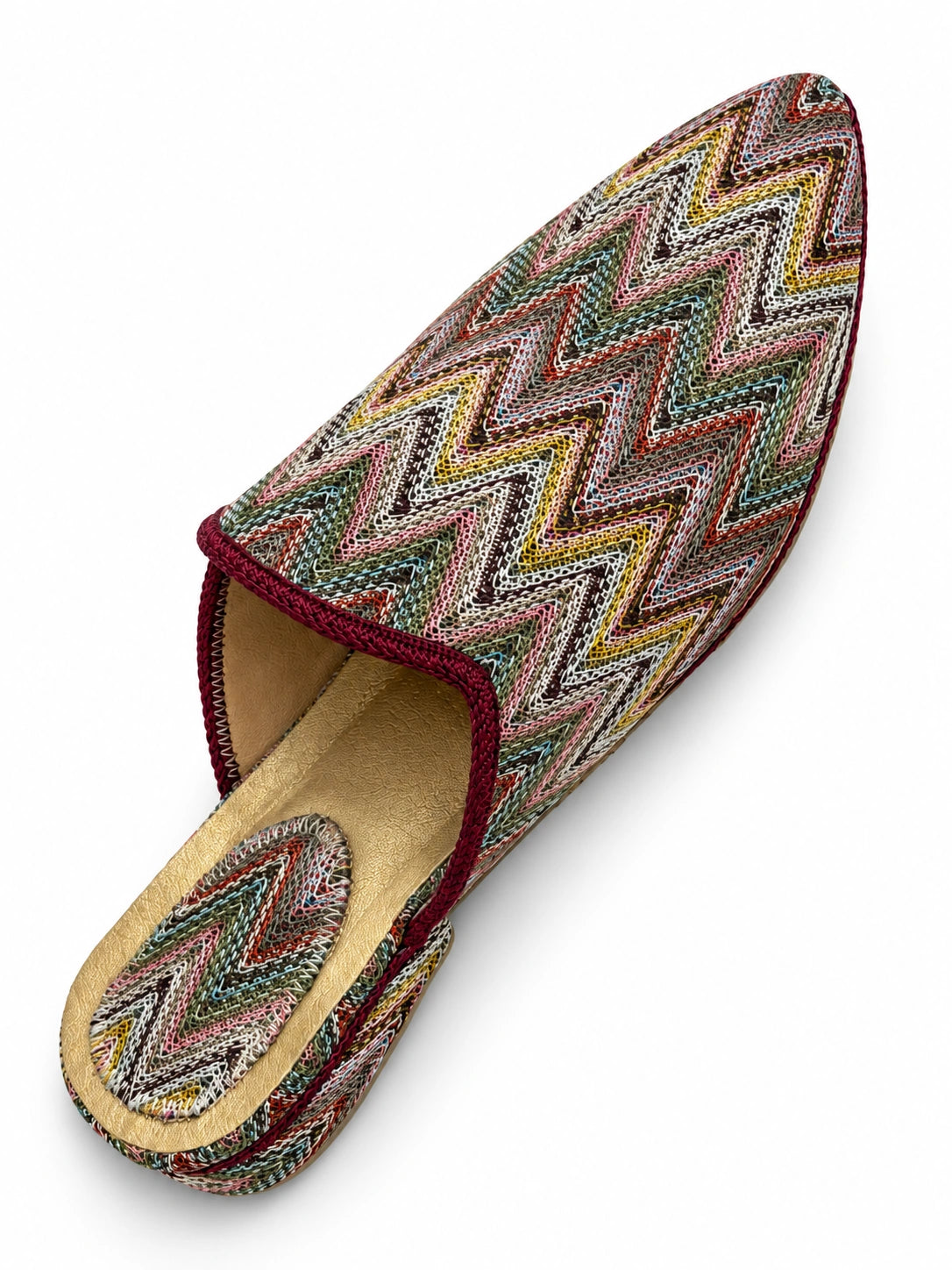 Multicolour Chevron Babouches with Burgundy Trim, pointed-toe open-back shoe on a white background.