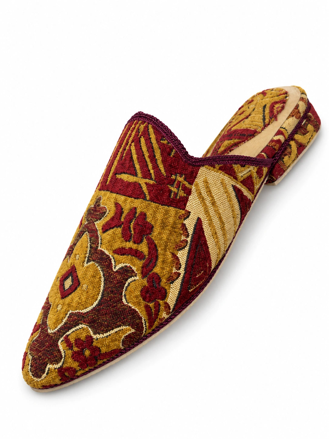 Mustard and Burgundy Ornamental Babouches on a white background
