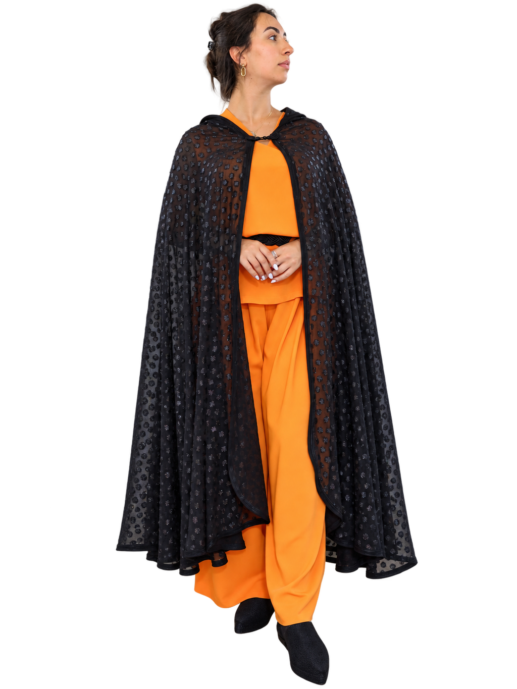 Black sheer hooded selham cape front view