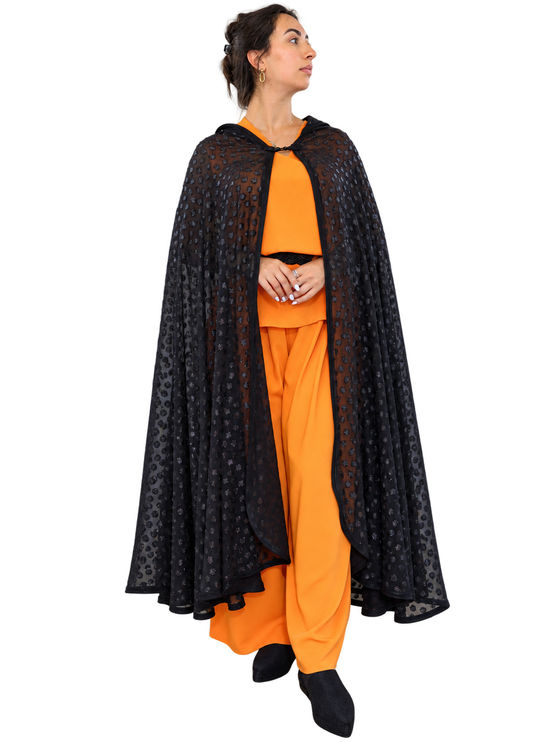 Black sheer hooded selham cape front view