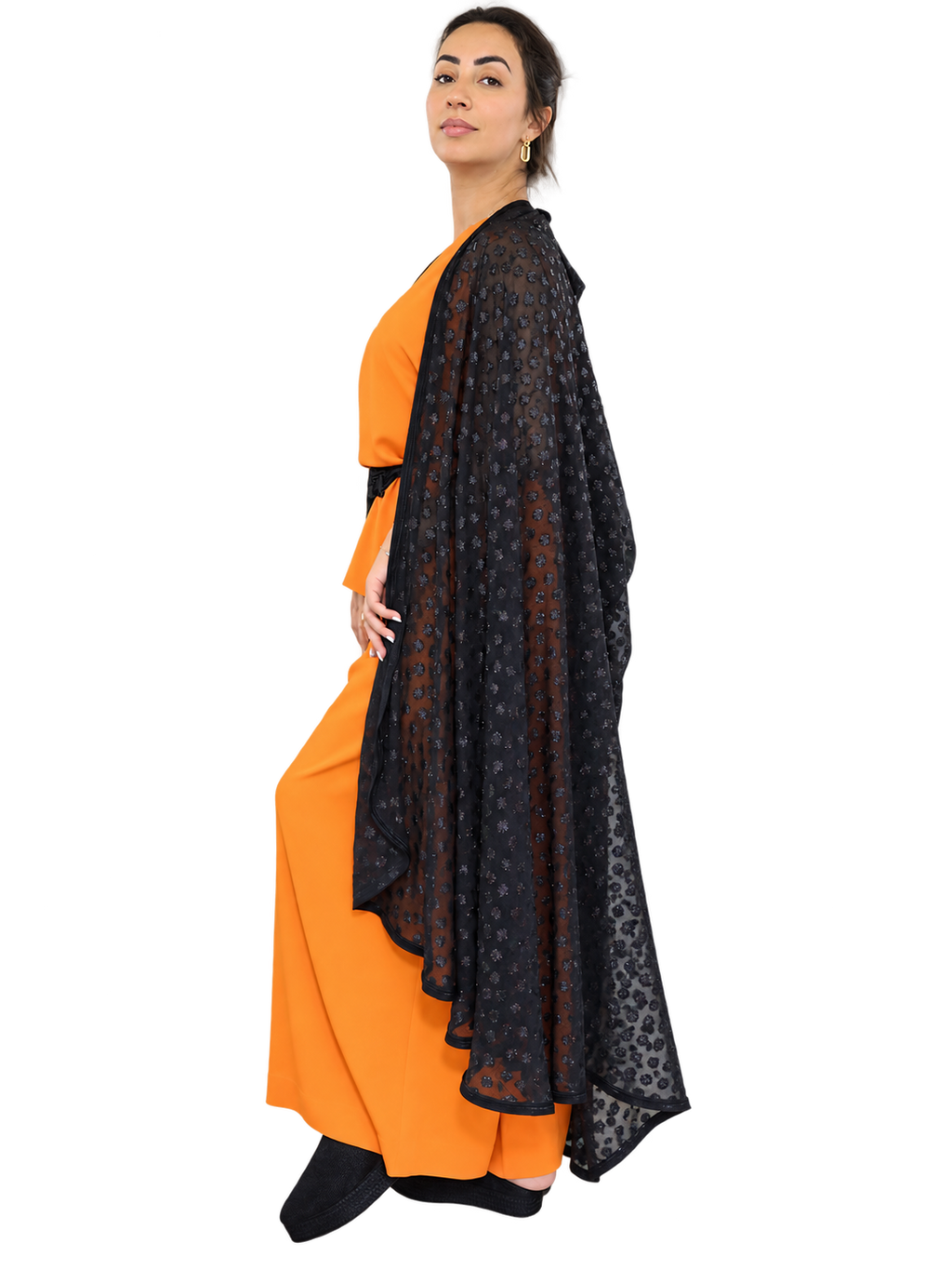 Black sheer hooded selham cape side view