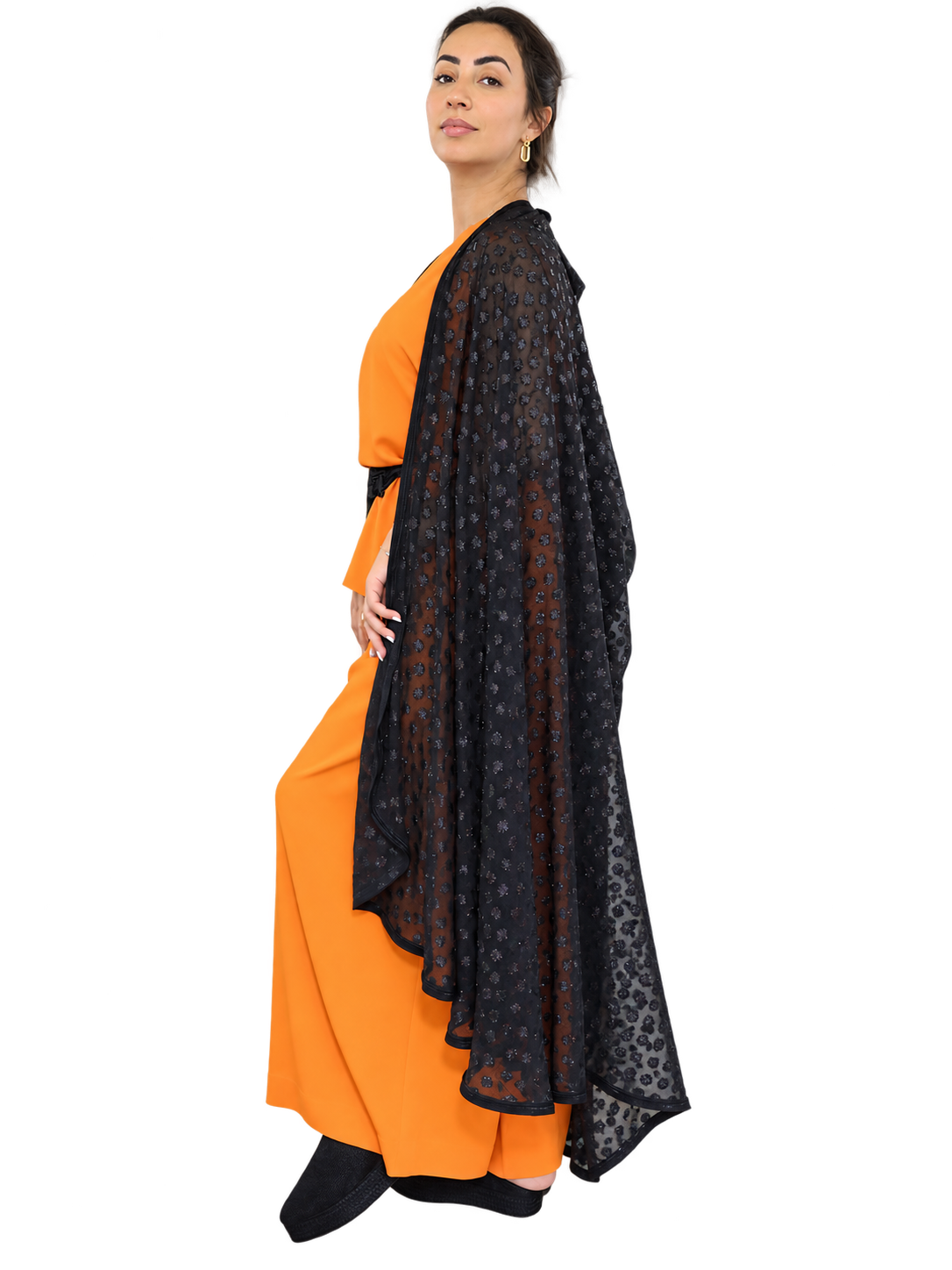 Black sheer hooded selham cape side view