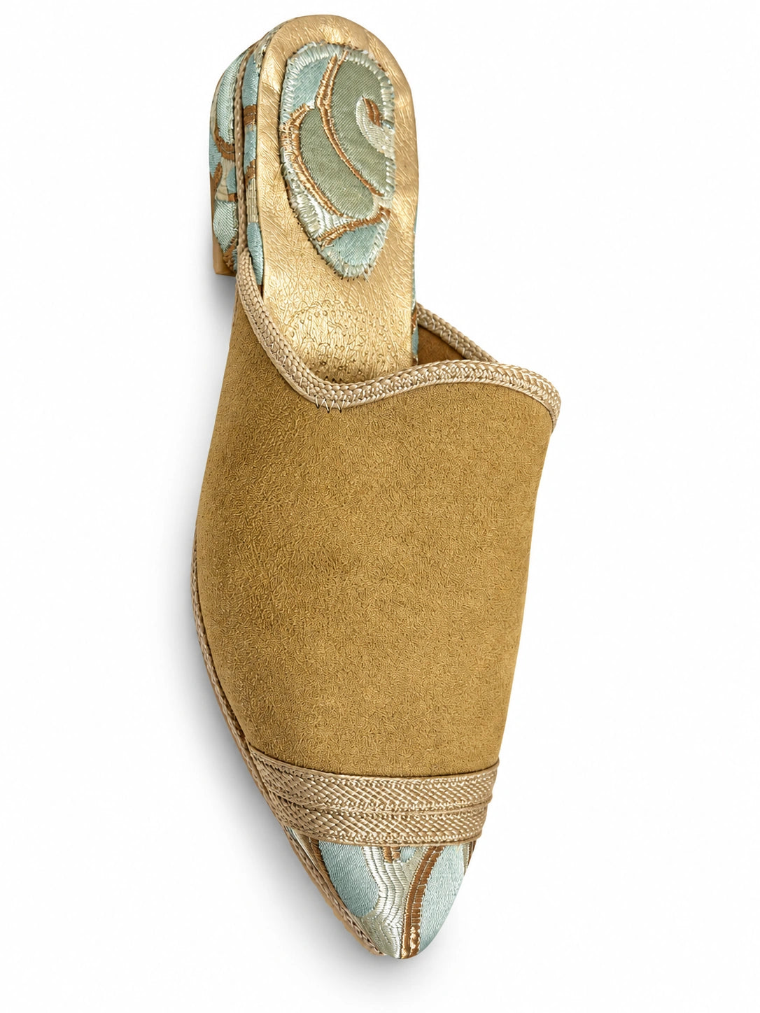 Ochre Babouches with Aqua Patterned Toe on a white background