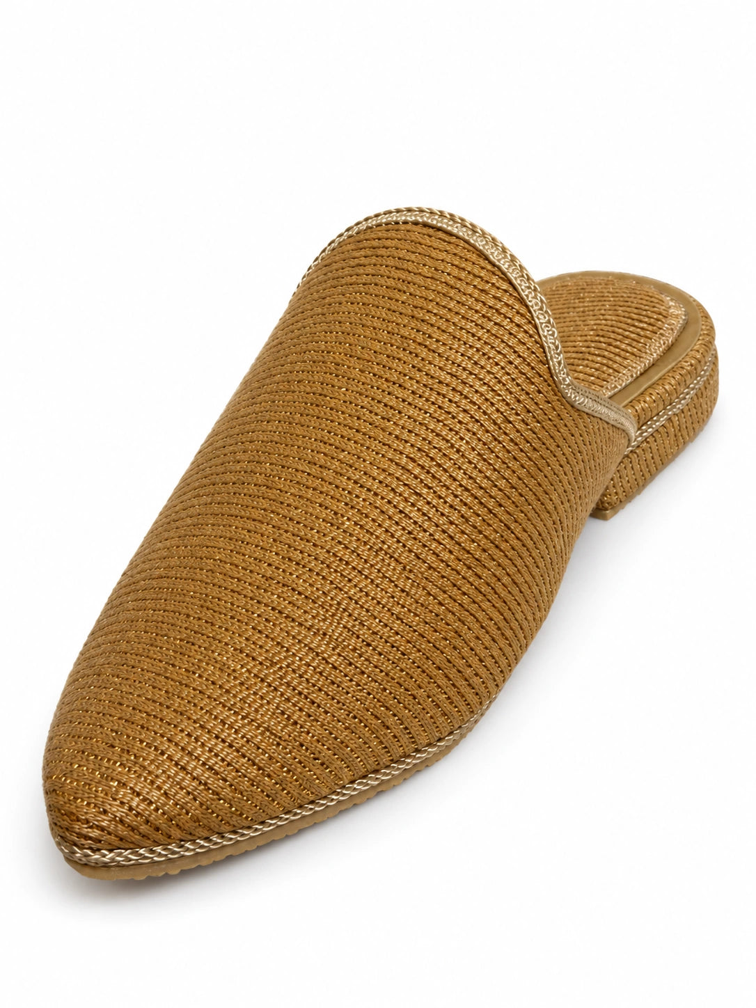 Ochre Ribbed Babouches with Champagne Trim on a white background