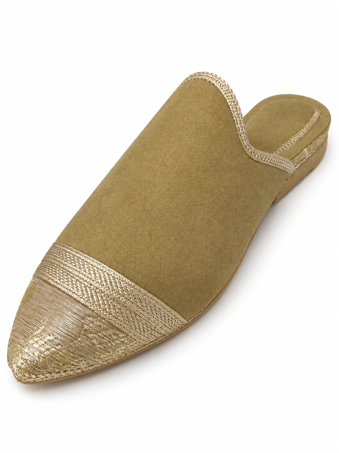 Muted olive babouche with a pale gold-tone pointed toe and champagne braided trim, isolated on white.