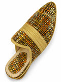 Orange and Gold Woven Babouches, pointed-toe open-back shoe on a white background.