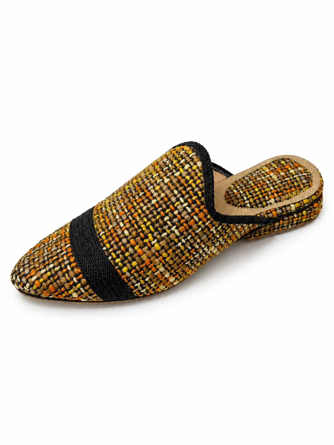 Orange and Yellow Woven Babouches with Black Band on a white background