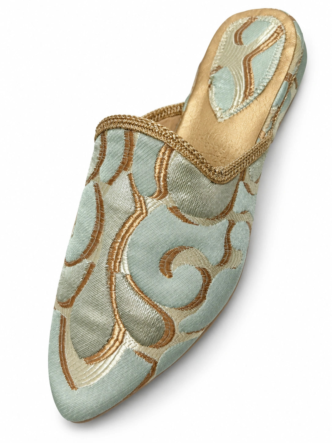 Pale blue babouche with cream and gold scroll motifs and gold braided edging on a white background.
