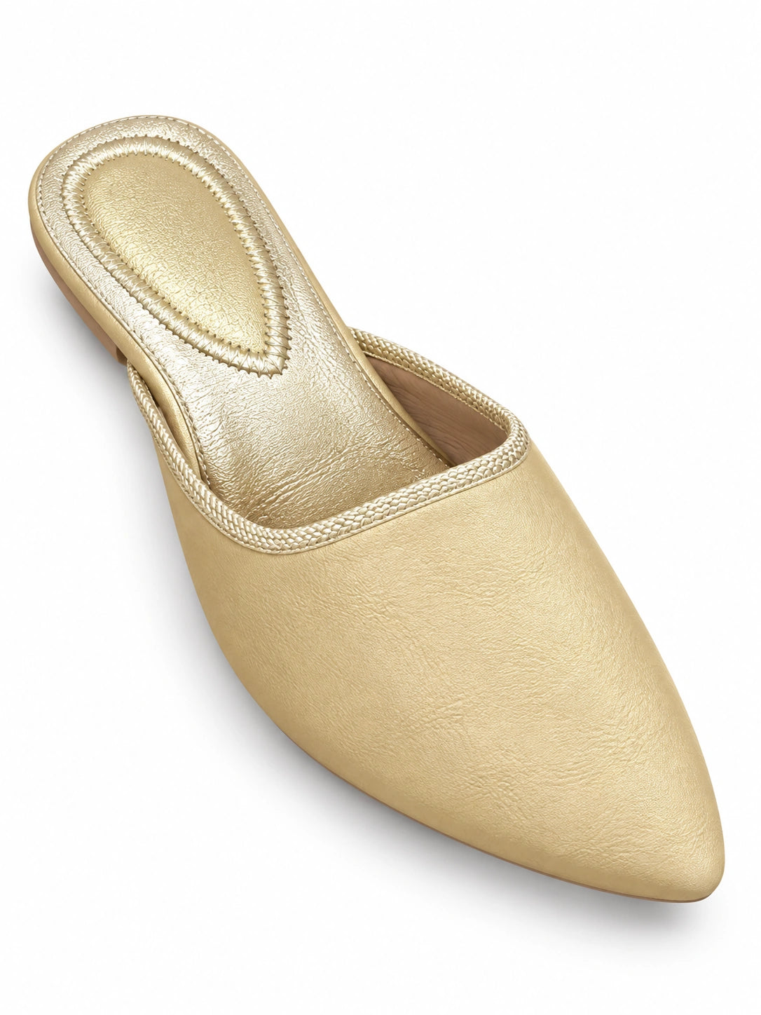 Pale Gold Minimal Babouches, pointed-toe open-back shoe on a white background.
