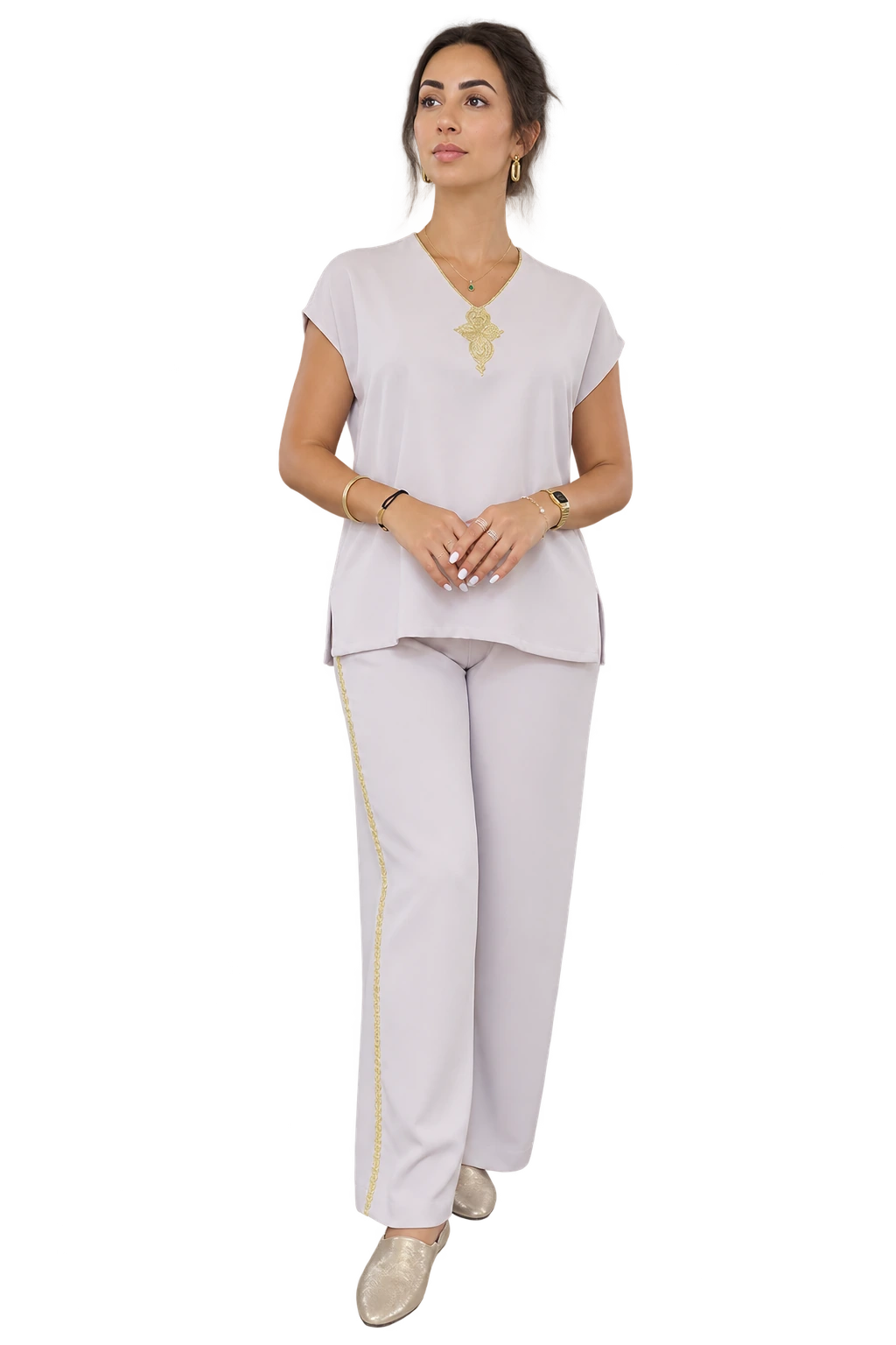 Nour Lilac Gold-Detail Two-Piece Set (Col V ou cravatte) sans manche crepe avec zwaq