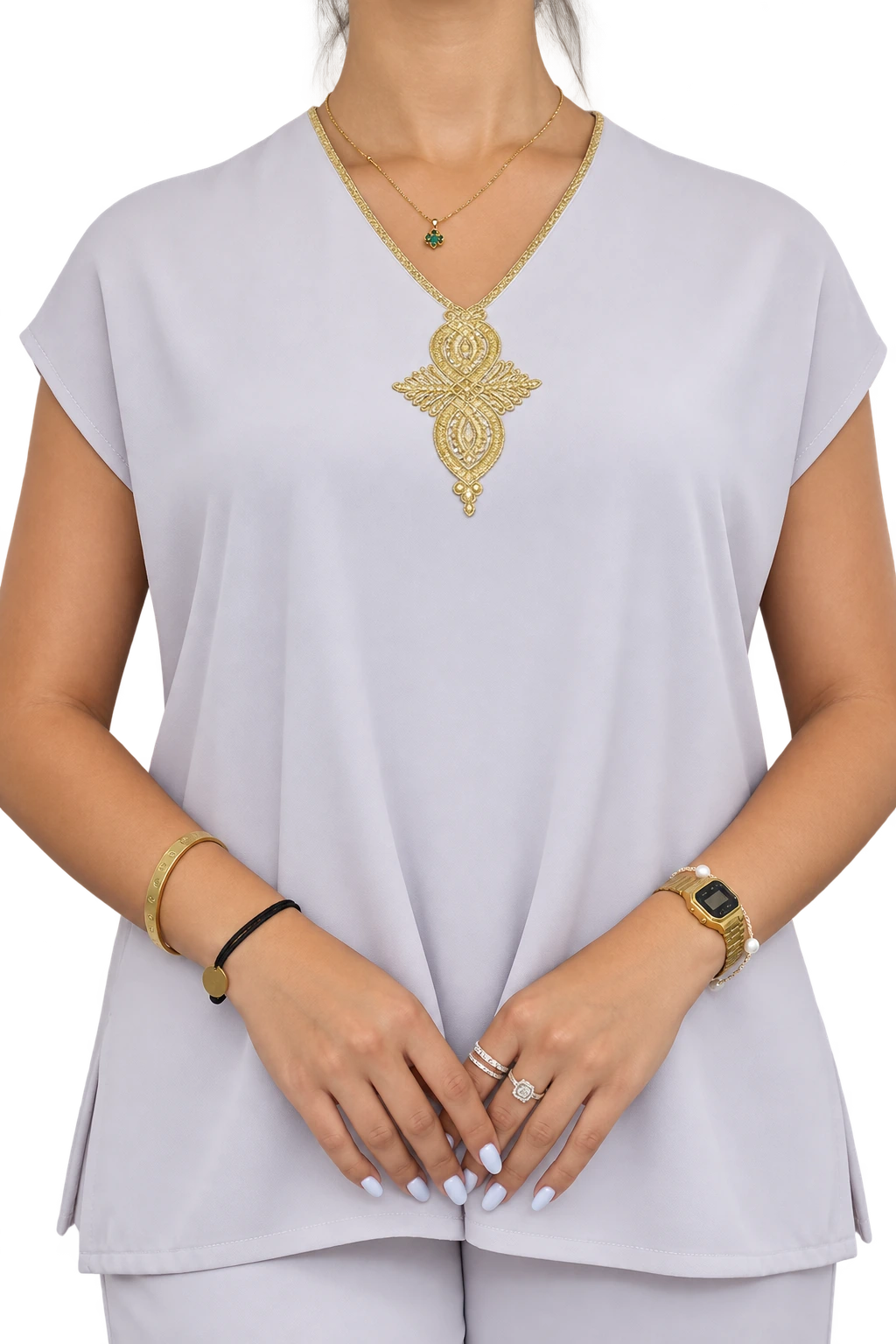 Nour Lilac Gold-Detail Two-Piece Set (Col V ou cravatte) sans manche crepe avec zwaq