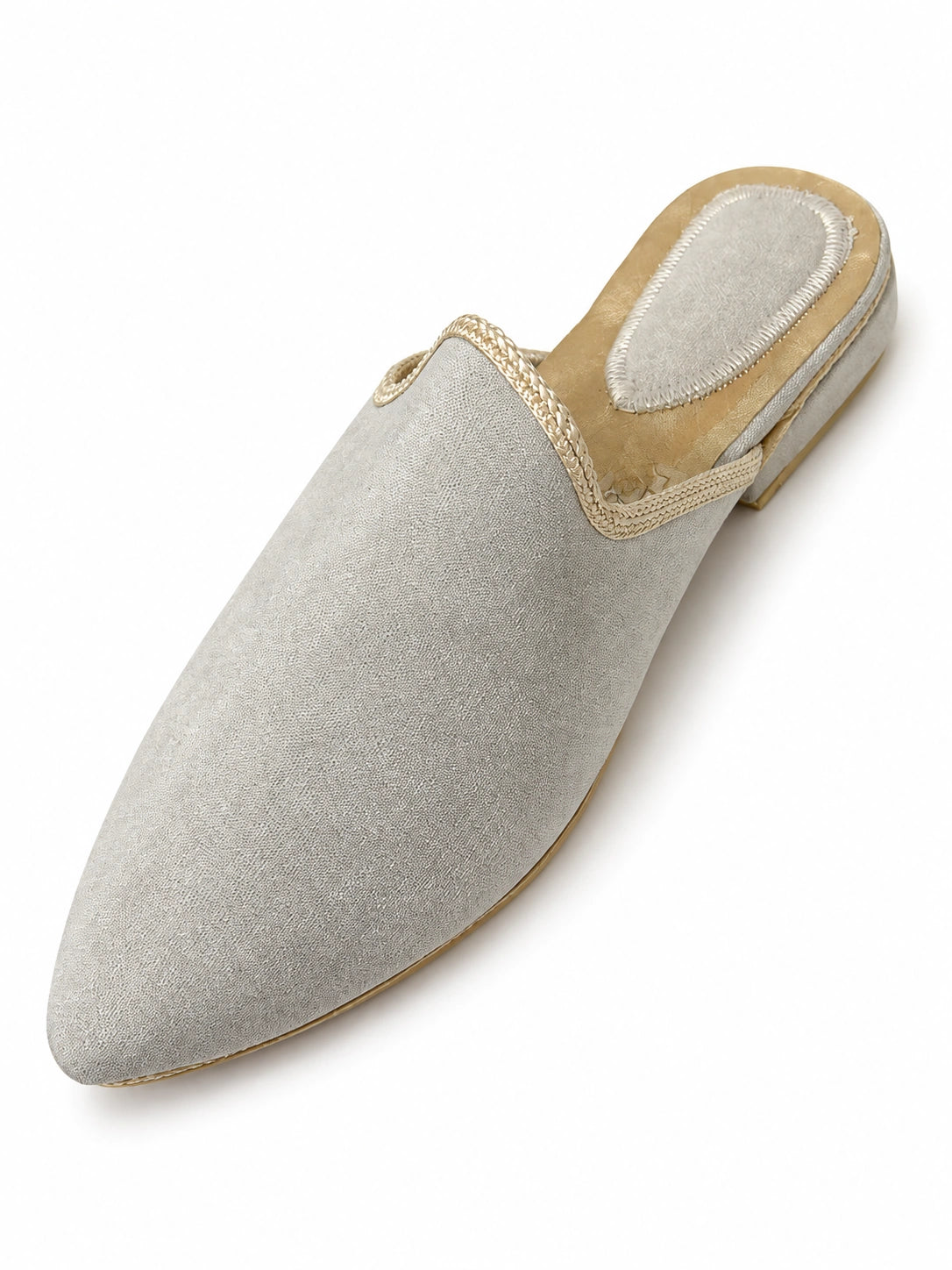 Pearl Grey Babouches with Champagne Trim on a white background