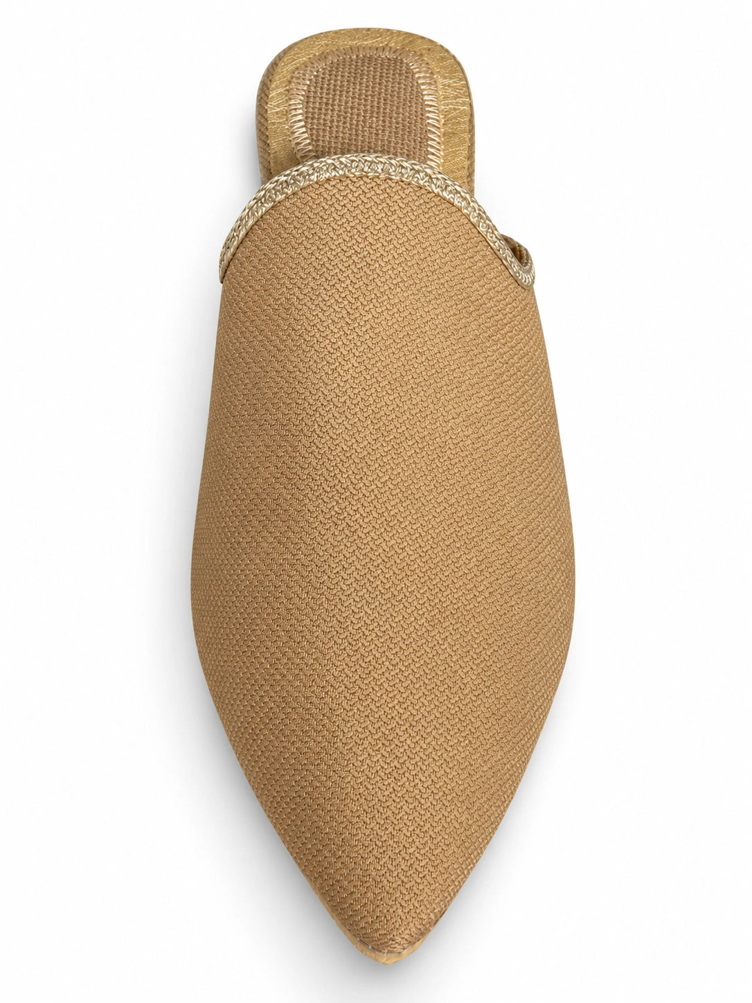 Tan woven-texture babouche with a pointed toe and pale gold-tone braided trim on a white background.