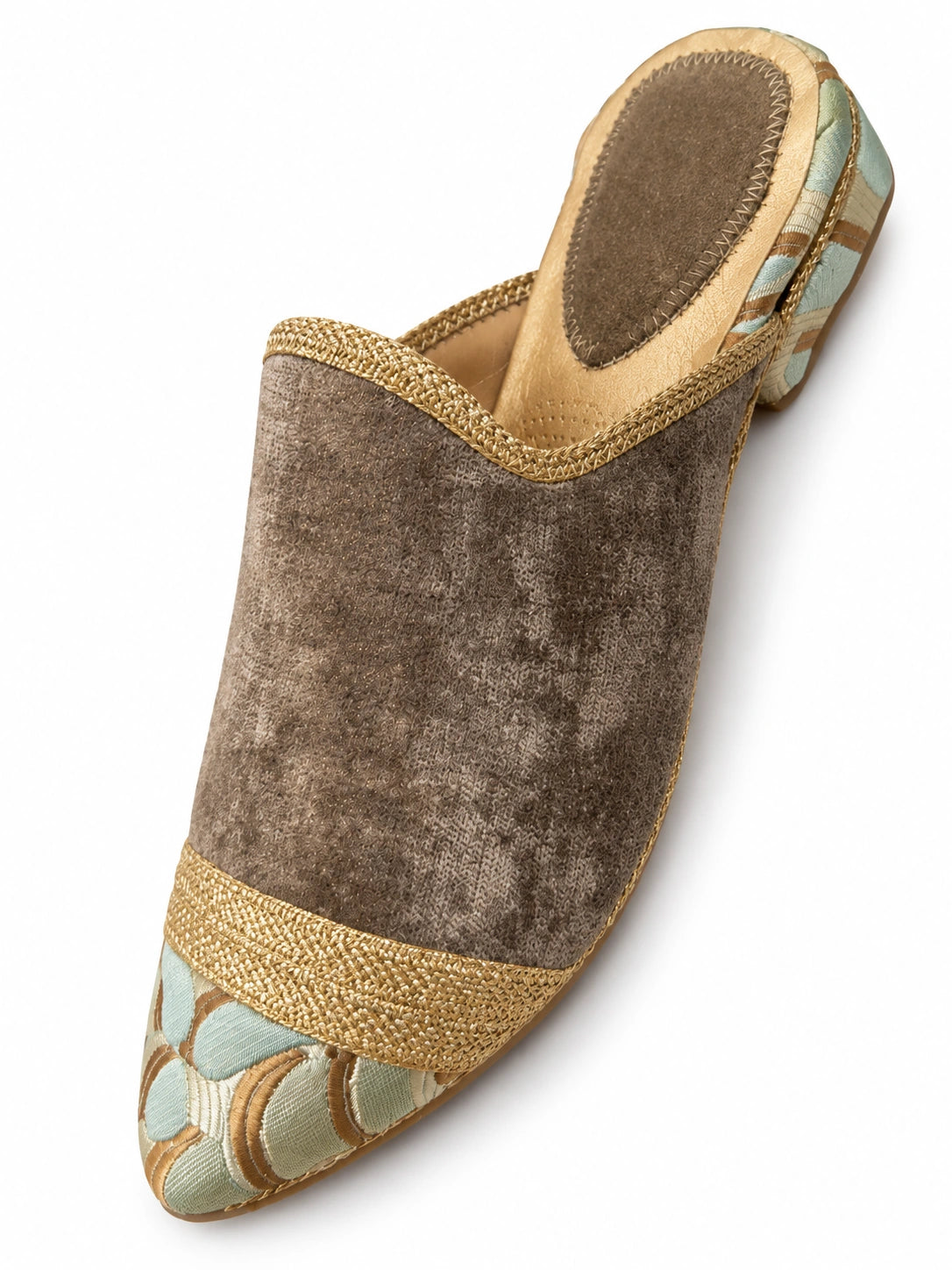 Taupe babouche with gold braided trim and a pale blue-green floral toe on a white background.