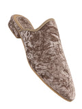 Taupe babouche with a mottled texture, pointed toe and low covered heel on a white background.