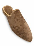 Taupe-brown mottled babouche with a velvety texture, tonal braided trim and gold-tone heel rim on white.