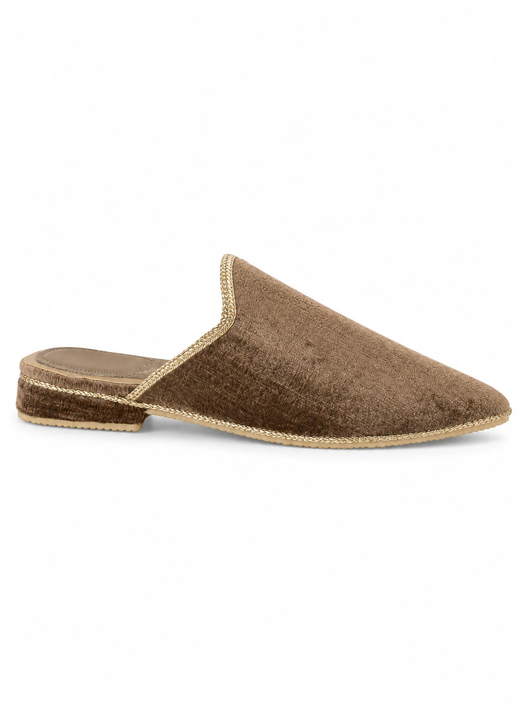 Taupe-brown babouches with a subtly textured upper and a clean pointed-toe profile, on a white background.