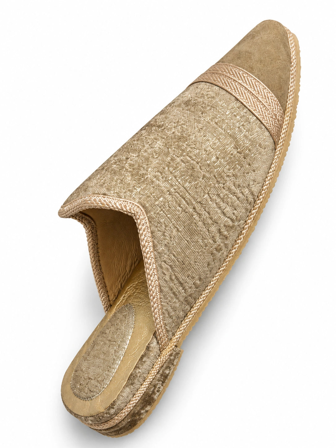 Taupe Shimmer Babouches with Pale Band, pointed-toe open-back shoe on a white background.