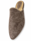 Taupe soft-textured babouche with pale braided edging and an open back on a white background.
