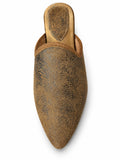 Taupe babouche with dark speckled texture, bronze-tone braided edging and a pointed toe on a white background.