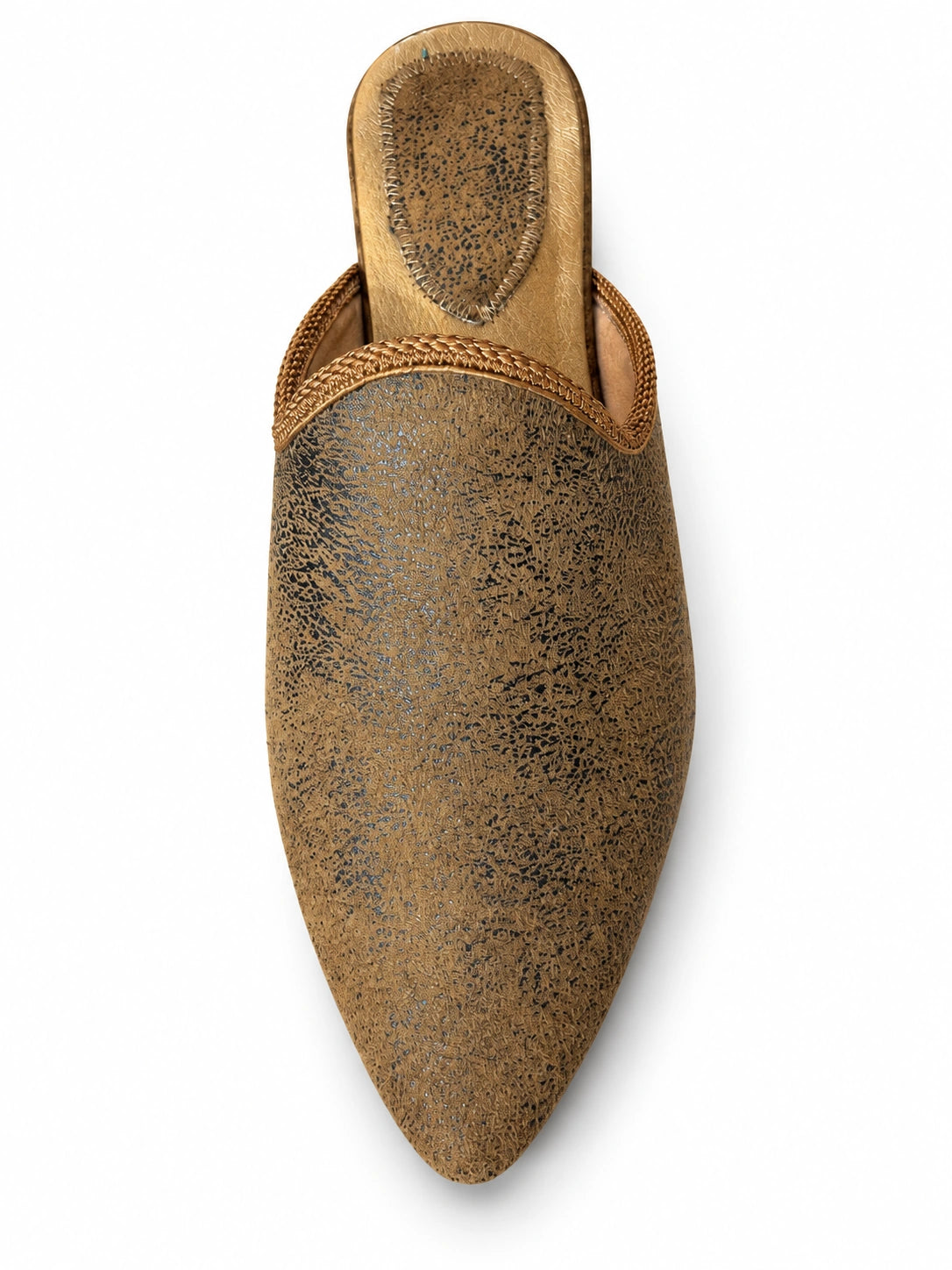 Taupe babouche with dark speckled texture, bronze-tone braided edging and a pointed toe on a white background.