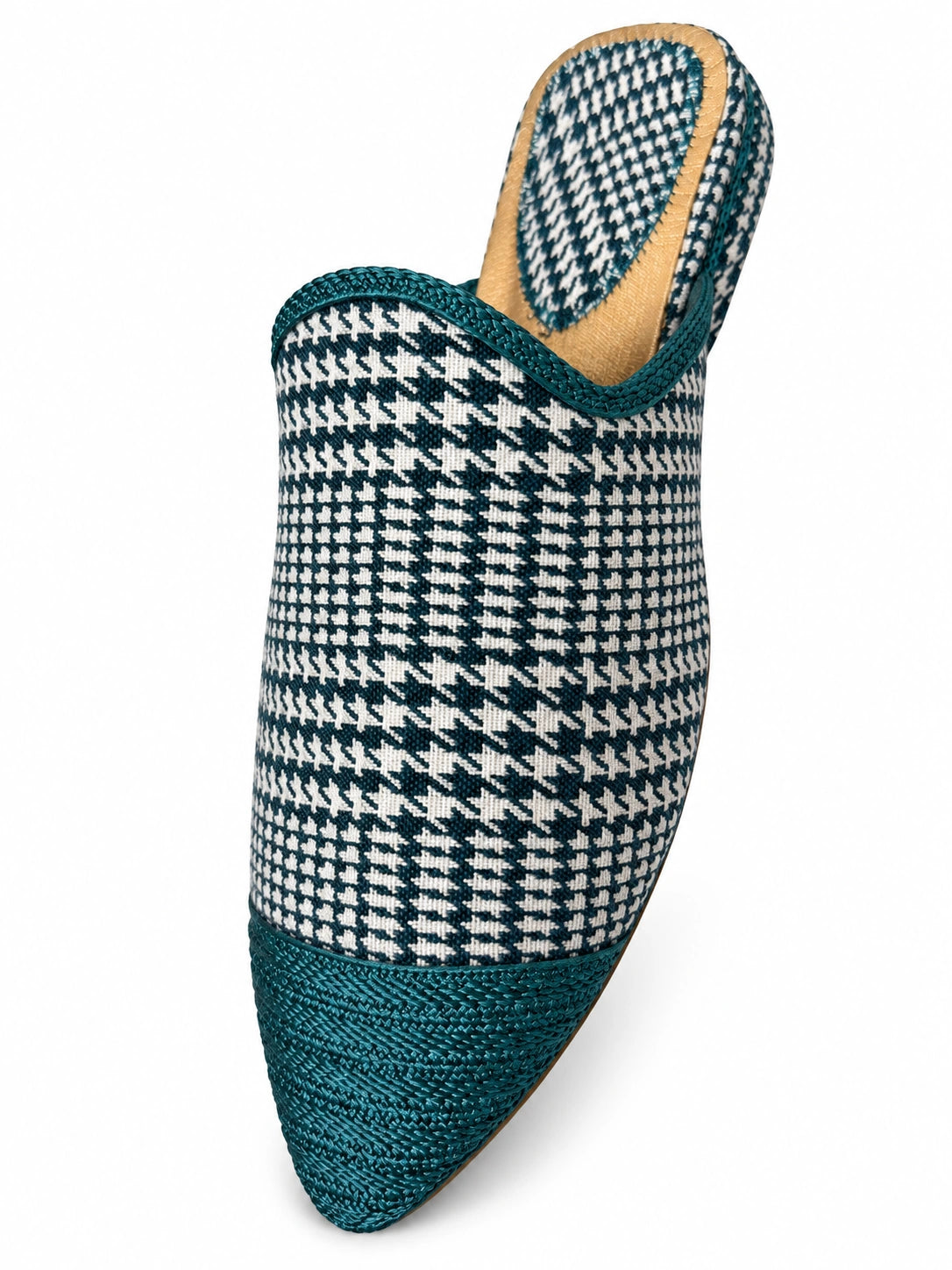 Teal and white checked babouche with a teal braided toe cap and matching edging on a white background.