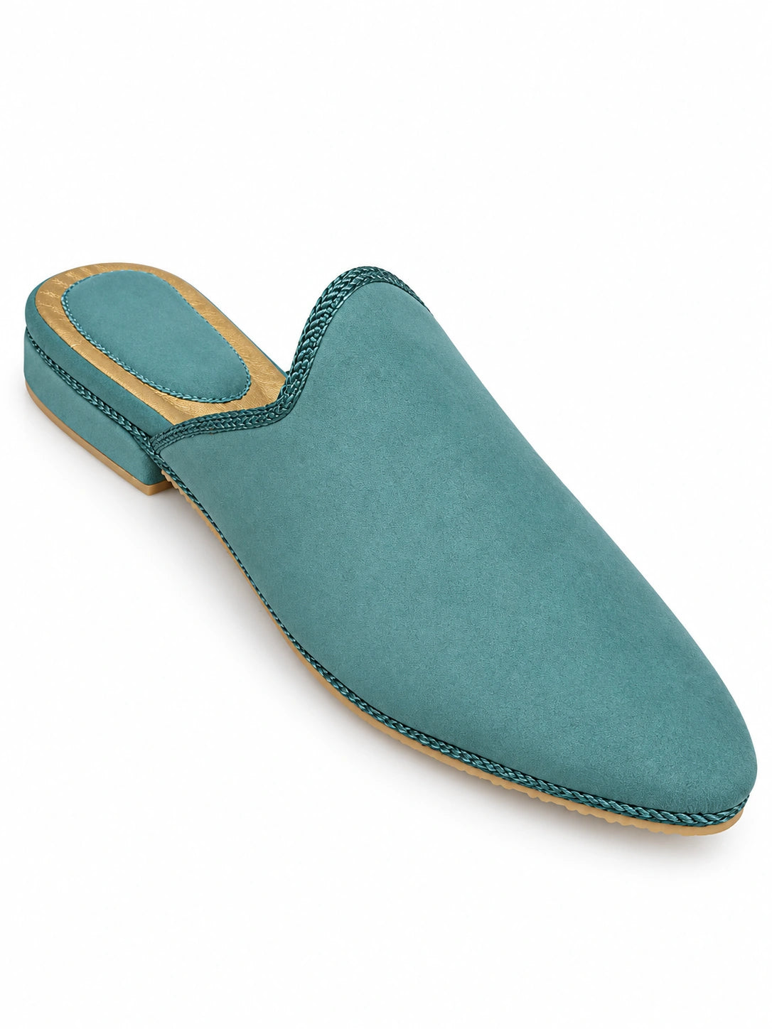 Plain turquoise babouche with matching braided edging, a pointed toe and open back on a white background.