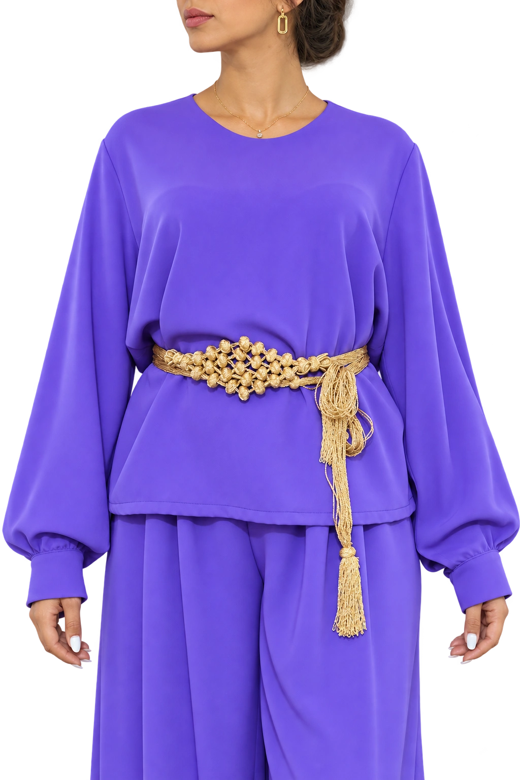 Amira Purple Two-Piece Set Long Sleeve (col V or cravatte) Crepe sans zwaq