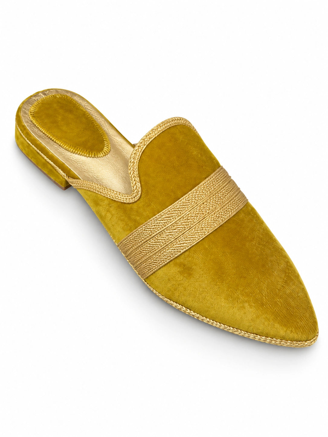 Mustard-yellow babouches with a wide pale gold-tone double braided band across the upper, on a white background.